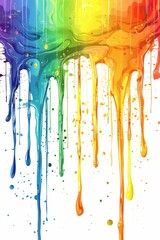 Wall Mural - Bright and vivid rainbow-colored paint drips on a white background, forming a dynamic and eye-catching abstract art piece.