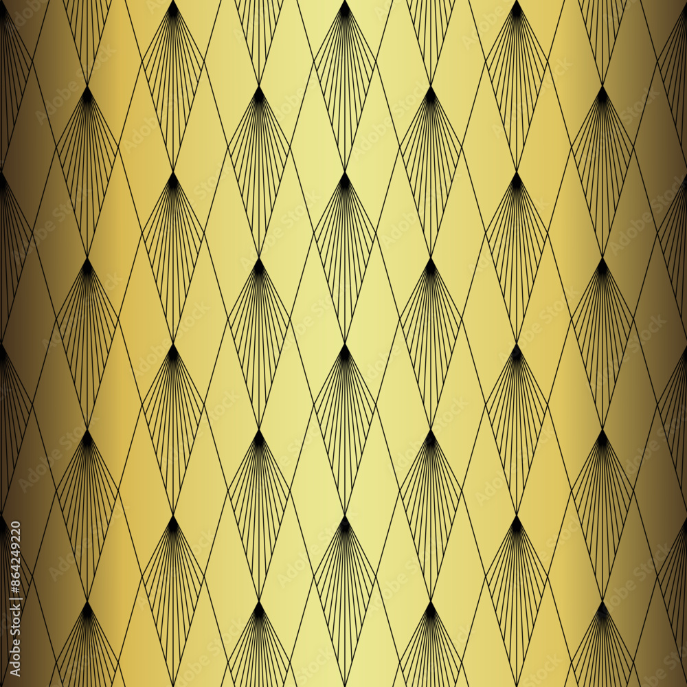 Art Deco Wallpaper. Black and gold seamless pattern in roaring twenties style. Line art deco background for interior design. Elegant art deco type