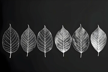 Wall Mural - A row of white leaf skeletons on a black background,