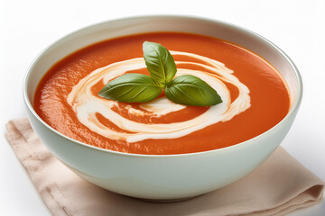 A bowl of creamy tomato soup with a swirl of cream and a sprig of basil, isolated on a white background