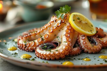 Wall Mural - Top view of octopus on a white plate with a lemon, a food photo for a restaurant menu with a white background