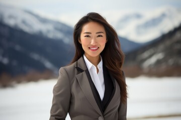 Poster - Portrait of a grinning asian woman in her 30s wearing a professional suit jacket while standing against snowy mountain range