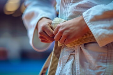 Close-Up of Judoka's Hands Tying Belt at Olympic Venue for Martial Arts Enthusiasts