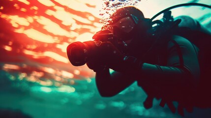 A marine photographer with a camera capturing the vibrant sea life, an underwater adventure