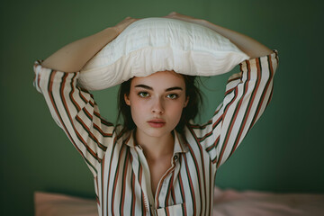 Poster - A woman in striped pyjamas is holding up her white pillow over the top of her head, covering it from view. She has dark hair and green eyes. She's standing on an old wooden bed with pale pink linen  