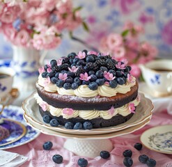 Wall Mural - Blueberry Cream Cake on a Cake Stand With Pink Flowers