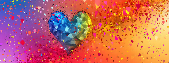 Wall Mural - Abstract low poly rainbow heart background with confetti