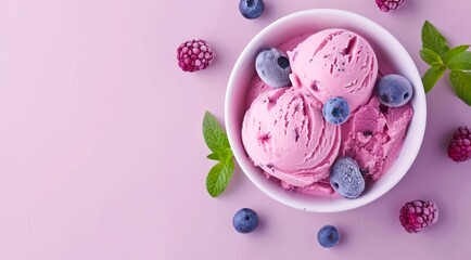 Canvas Print - Bowl of berry ice cream on pastel purple background, top view. Minimal flat lay style, copy space.