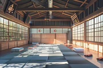 Realistic 3D Render of a Traditional Judo Dojo with Tatami Mats and Sunlit detailed Architecture