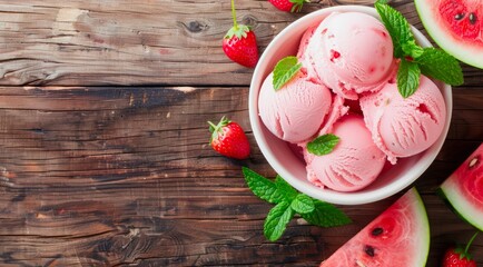 Canvas Print - Bowl with scoops of strawberry and watermelon ice cream on a wooden table, top view.