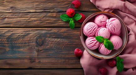 Canvas Print - Bowl with scoops of raspberry ice cream and fresh berries on a wooden table, top view.