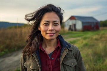 Wall Mural - Portrait of a glad asian woman in her 40s sporting a rugged denim jacket while standing against quiet countryside landscape
