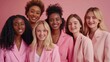 © Ben - Diverse Women in Pink Business Suits Taking a Group Photo Against Pink Background. Smiling and Happy Women of Various Nationalities Showcasing Unity and Professionalism.