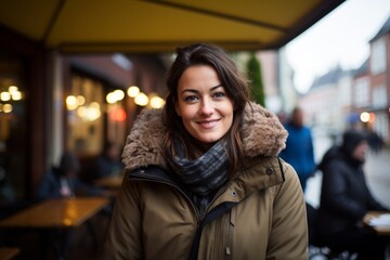 Wall Mural - Portrait of a grinning woman in her 30s wearing a warm parka while standing against bustling city cafe