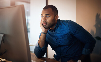 Aufkleber - Businessman, bored and tired with monitor in office, problem solving and solution with decision at night. Working late, web designer and computer for programme, website layout and fatigue of employee