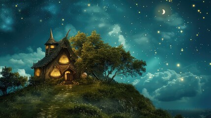 Wall Mural - Enchanted Witch's Cottage Under Moonlight