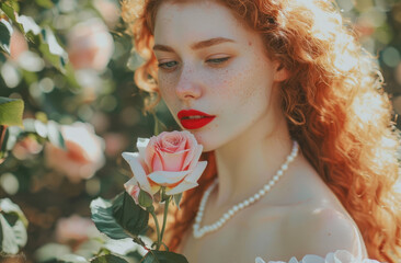 Wall Mural - an extremely beautiful redhead with long wavy hair, she has blue eyes and red lipstick and pearl choker necklace, holding up one rose in her hand