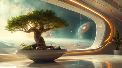 Wall Mural - Futuristic Bonsai Tree Amidst Celestial Views