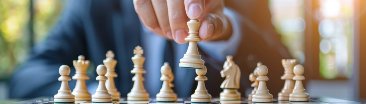 Close-up of a person making a strategic chess move, capturing the focus and intensity of the game with a blurred background.