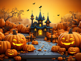 eyecatching halloween castle house pumpkin bat hand drawn flat stylish cartoon sticker