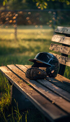 Sunlit Baseball Helmet and Glove on Wooden Bench with Blurred Field in Background for Sport Design