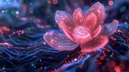 Wall Mural - A mesmerizing fusion of cosmos and circuitry, where a futuristic flower blooms amidst intricate patterns of big data technology, symbolizing the harmony between nature and innovation in the digital ag