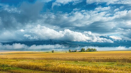 Sticker - Rural landscape with dense clouds over wheat fields