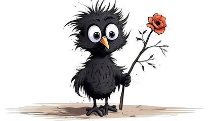 Wall Mural - cute little black bird with messy hair 