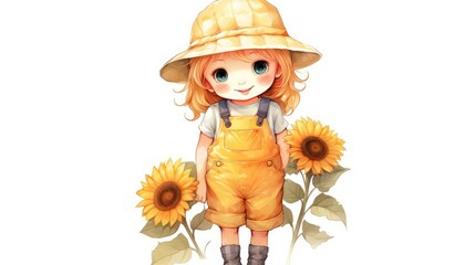 Canvas Print - Little girl in overalls and sunflowers