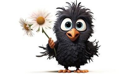 Wall Mural -  funny black bird with messy hair holding flower 