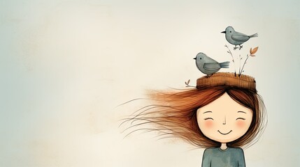 Wall Mural - a girl with a bird on her head