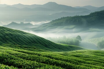 morning on the tea hill with the fog and the mountains. Creative banner. Copyspace image