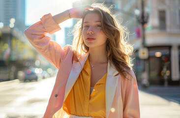 Wall Mural - a fashionable woman in a yellow shirt, white skirt and pink blazer walking on the street with sunlight and a blurred background