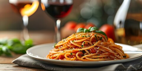 Wall Mural - Italian meal spaghetti with tomato sauce and a glass of wine. Concept Italian Cuisine, Spaghetti, Tomato Sauce, Wine Pairing, Delicious Meal