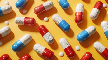 pattern of red and blue capsules on yellow background. pharmaceutical industry concept