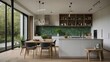 © Tamazina - Modern kitchen features large island with sink, seating area, surrounded by sleek white cabinets, open wooden shelves displaying various kitchenware. Green tiled backsplash adds touch of color.