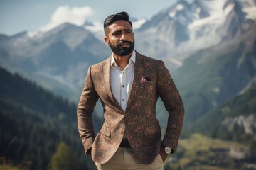 Sticker - Portrait of a jovial indian man in his 30s dressed in a stylish blazer isolated in backdrop of mountain peaks