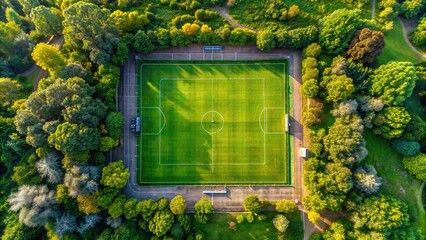 Wall Mural - Soccer field surrounded by dense green trees from above, soccer, field, trees, green, top view, nature, outdoor, sports