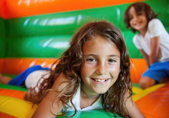 Wall Mural - kids playing on an inflatable bouncy castle in the background, with one girl and boy smiling at camera