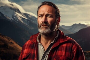 Wall Mural - Portrait of a tender man in his 50s wearing a comfy flannel shirt on backdrop of mountain peaks
