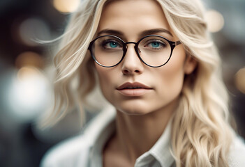 Wall Mural - Portrait of handsome young collage woman with blond hair and eyeglasses, isolated white background