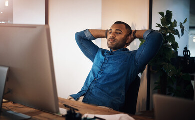 Poster - Black man, office and hands on head with computer for research as IT specialist or consultant and professional. Employee, business and serious or reading for website design and development at night