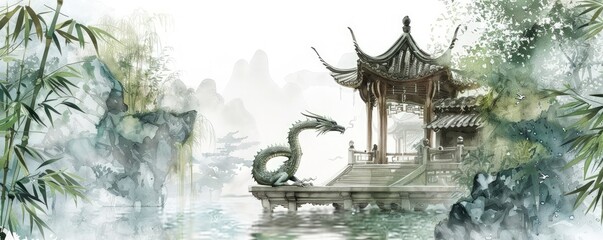 Wall Mural - A painting of a dragon and a pagoda with a pond in the background. The dragon is swimming in the water and the pagoda is in the distance