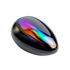 Abstract dark glossy object with vivid rainbow reflections, resembling a sleek futuristic artifact or a polished stone.