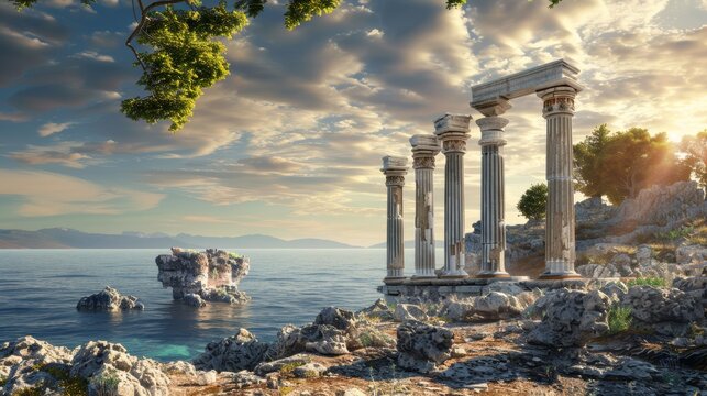 Greek temple ruins with majestic columns on the seashore captured in a realistic photo