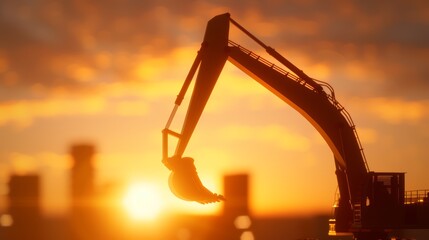 Wall Mural - Massive construction crane at an industrial site during sunset, golden hues in the sky, urban development in the background, machinery and workers visible, dynamic construction environment
