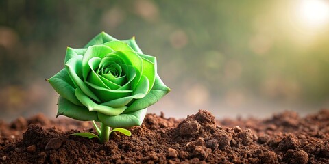 Wall Mural - Blooming green rose growing in rich, earthy soil against a neutral background, Green, rose, blooming, soil, earthy, neutral