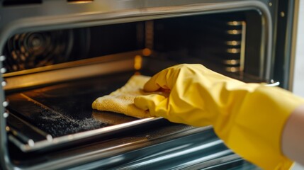 Hand wearing a yellow protective glove, holding a cloth and cleaning the inside of an oven