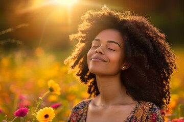 Serene woman enjoying sunset amidst colorful flowers