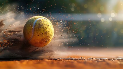 A tennis ball bounces on a clay court, kicking up dust and dirt.  The ball is in mid-air, showing the force of the impact.  The background is blurred and out of focus.